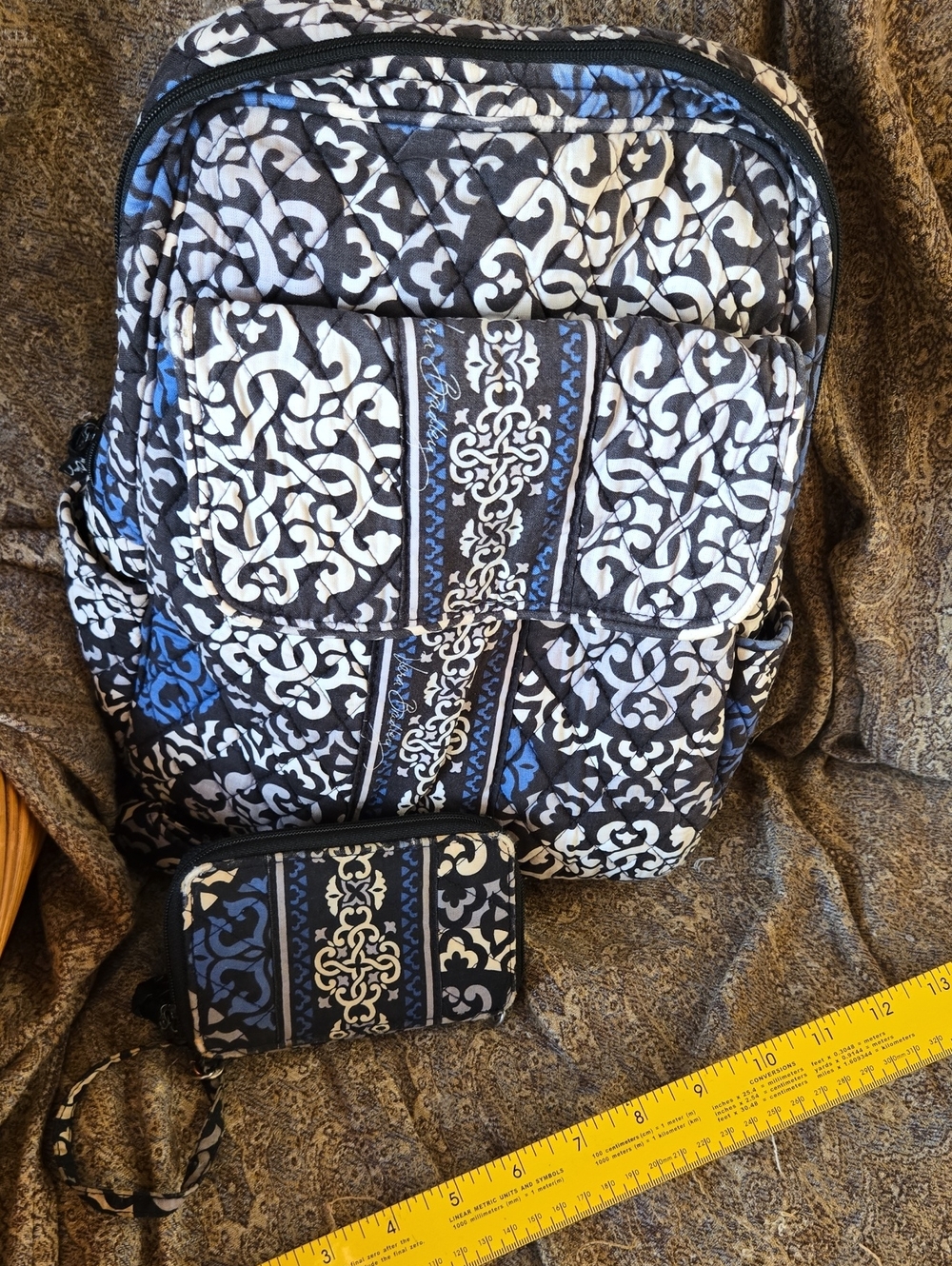 2 pic Vera Bradley Quilted Patterned Backpack & Wallet Set - Black, White & Blue